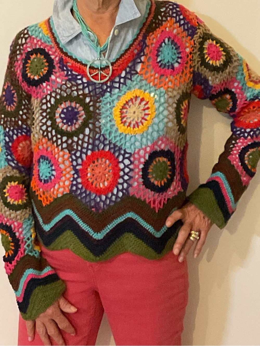 VINTAGE Crochet Multicolor Scoop-Neck Sweater TOTALLY BOHO HIPPIE
